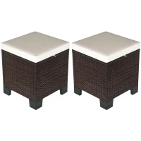 Outsunny 2 Piece Wicker Outdoor Ottomans with Cushions, Rattan Ottoman Footrest and Side Table for Patio, Yard, Poolside, Beige(m-11)