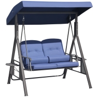 Outsunny 2-Person Patio Swing Bench with Adjustable Shade Canopy, Soft Cushions, Throw Pillows and Tray, Dark Blue