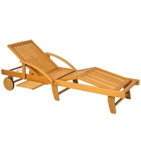 Outsunny Folding Lounge Chair, 4-Level Adjustable Tanning Chair with Wheels, Acacia Wood Patio Lounger for Beach, Teak(m-11)