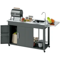Outsunny Outdoor Grill Table with Stainless Steel Sink and Drainage, Grill Cart with Foldable Side Table and Cabinet, Outdoor Kitchen Island with Wheels, Dark Gray(m-11)