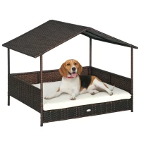 PawHut Outdoor Dog Bed with Canopy, Rattan Dog Bed with Soft Cushion Removable Cover for Medium and Large Dogs, Cream White(m-11)