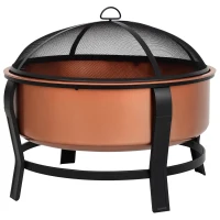 Outsunny Copper-Colored Outdoor Fire Pit Portable Round Firepit Bowl with Spark Screen Cover, Poker and Organic Black Base for Backyard Bonfire(m-2)