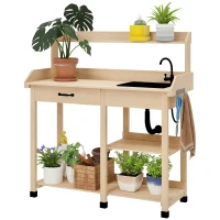 Outsunny Potting Bench Table, Outdoor Garden Table Wooden Work Station with Removable Sink, Faucet, Drawer, Shelves, Hooks, Natural Wood(m-11)