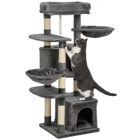 PawHut 52.5" Cat Tree Tower with Scratching Posts, Cat Condos, Bed, Platforms, Hammocks, for Indoor Cats, Dark Grey(m-11)