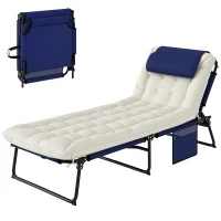Outsunny Folding Chaise Lounge Pool Chair with 4-level Reclining Back, Cushion, Side Pocket, Headrest, Navy Blue(m-11)