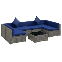 Outsunny 7 Pieces Outdoor Rattan Sofa Set, Wicker Patio Furniture Set with Glass Top Coffee Table, Pillows, Mixed Gray and Blue(m-11)