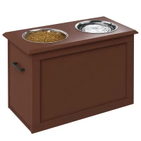 PawHut Elevated Dog Bowls for Large Dogs with Storage 2 Stainless Steel Dog Bowls， Elevated Base for Large Dogs, Brown(m-11)