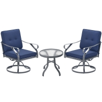 Outsunny 3 Piece Outdoor Patio Bistro Set with 2 360-Degree Swivel Rocking Chairs, Cushions, and 1 Tempered Glass Table for Lawn, Porch, Garden, Blue