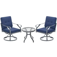 Outsunny 3 Piece Outdoor Patio Bistro Set with 2 360-Degree Swivel Rocking Chairs, Cushions, and 1 Tempered Glass Table for Lawn, Porch, Garden, Blue(m-1)