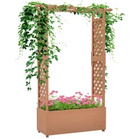Outsunny Raised Garden Bed with Trellises and Roof for Climbing Plant Vine, Hanging Flowers, 70.75" Tall Outdoor Wood Planter Box with Drainage & Filter(m-11)