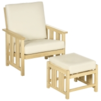 Outsunny Patio Furniture Set, Wood Outdoor Patio Chair with Ottoman, 2 Piece Cushioned Outdoor Lounge Chair, Sofa Chair with Footrest, Beige