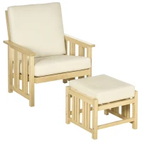 Outsunny Patio Furniture Set, Wood Outdoor Patio Chair with Ottoman, 2 Piece Cushioned Outdoor Lounge Chair, Sofa Chair with Footrest, Beige(m-1)