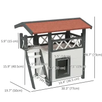 PawHut Wooden 2-Story Shelter for Feral Cats with Asphalt Roof, Stairs, Balcony, 30" x 20" x 29", White(m-3)
