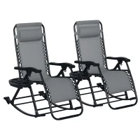 Outsunny 2 Outdoor Rocking Chairs Foldable Reclining Zero Gravity Lounge Rockers w/ Pillow Cup & Phone Holder, Gray(m-11)