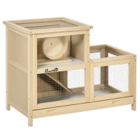 PawHut Wooden Hamster Cage, Mice Rodent Small Animals Kit Hutch, 2 Tiers Exercise Play House, with Sliding Tray, Ladder, Seesaw, Running Wheel, Openable Roofs, 31" x 16" x 23.5", Natural Wood(m-2)