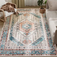 HOMCOM 5x7 Area Rug, Vintage Machine Washable Rug, Non-Slip Floor Carpet for Living Room, Bedroom, Dining Room, Brown and Blue(m-11)