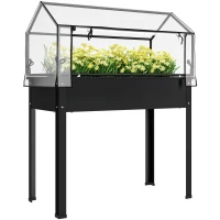 Outsunny Elevated Garden Box with Greenhouse Cover, Raised Garden Bed with Legs and Drainage Hole for Vegetables, Black(m-11)
