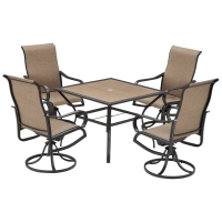 Outsunny 5 Piece Garden Patio Dining Furniture, Outdoor Conversation Set, 37" Dinner Table with Umbrella Hole, 4 Rocking Swivel Chairs for Garden, Lawn, Backyard, Coffee Bean Brown