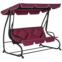 Outsunny 3-Seat Outdoor Patio Swing Chair, Converting Flatbed, Outdoor Swing Glider with Adjustable Canopy, Removable Cushion and Pillows, for Porch, Garden, Poolside, Backyard, Red(m-1)