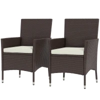 Outsunny 2 PCS Rattan Wicker Dining Chairs with Cushions and Anti-Slip Foot, Patio Stackable Chairs Set for Backyard, Garden, Lawn, Dark Coffee(m-1)