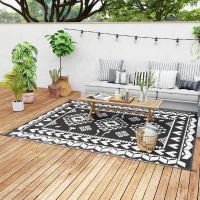 Outsunny Reversible Outdoor Rug, Waterproof Plastic Straw with Carry Bag, 8' x 10', Black & White Rhombus Patchwork(m-11)