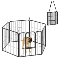 PawHut 6 Panels Heavy Duty Dog Playpen Outdoor Indoor with Door & Strap, 24" Height Portable & Foldable Pet Playpen(m-11)