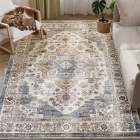 HOMCOM 5x7 Area Rug, Vintage Machine Washable Rug, Non-Slip Carpet for Living Room, Bedroom, Dining Room, Brown & Light Blue(m-11)