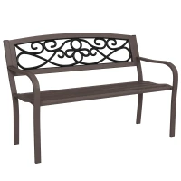 Outsunny 50" Outdoor Bench, Metal Garden Bench with Floral Pattern Backrest, Porch Bench with Slatted Seat for Park, Yard, Lawn, Brown(m-11)
