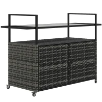 Outsunny 2-Tier Shelf PE Rattan Outdoor Bar Table, Glass Top Patio Serving Cart with Cabinet, Mixed Gray(m-11)