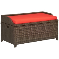 Outsunny 34 Gallon Outdoor Wicker Storage Bench Deck Box, PE Rattan Patio Furniture Pool Storage Bin Container with Interior Waterproof Cloth Bag and Comfortable Cushion, Red
