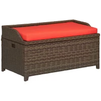 Outsunny 34 Gallon Outdoor Wicker Storage Bench Deck Box, PE Rattan Patio Furniture Pool Storage Bin Container with Interior Waterproof Cloth Bag and Comfortable Cushion, Red(m-1)