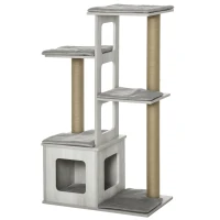 PawHut 45" Deluxe Plush Cat Tree Tower Activity Center Climbing Frame Kitten Play House with Jute Scratching Posts Condo Perch Cushion Grey(m-2)