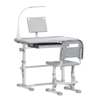 Qaba Kids Desk and Chair Set, Height Adjustable School Study Table and Chair, Student Writing Desk with Tilt Desktop, LED Light, Pen Box, Drawer, Reading Board, Cup Holder, and Pen Slots, Grey(m-1)