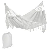 Outsunny Extra Large Boho Hammock with Macrame Tassel Fringe, Includes Carrying Bag, Indoor Outdoor Tree Hammock for Porch, Backyard, Camping, White(m-1)