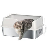 PawHut Stainless Steel Litter Box with High Side, Scoop, Easy Cleaning & Anti-Urine Leakage, for Big Cats, Light Gray(m-11)