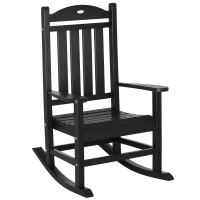 Outsunny Outdoor Rocking Chair, All Weather-Resistant HDPE Rocking Patio Chairs with Rustic High Back, Armrests, Oversized Seat and Slatted Backrest, 350lbs Weight Capacity, Black(m-1)