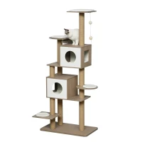 PawHut 69.75" Wood Cat Tree, Cat Condo Tower with Scratching Post, Toy Ball for Indoor Cats, Light Grey(m-2)