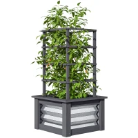 Outsunny Wooden Raised Garden Bed with Trellis, Galvanized Planter Box Elevated Garden Bed for Garden, Patio, Gray(m-11)