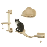 PawHut 3 PCs Cat Wall Climber with Scratching Post, Ladder, Perches, Cloud-Shaped Cat Shelves, Beige(m-11)