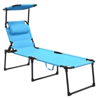 Outsunny Outdoor Lounge Chair, 4 Position Adjustable Backrest, Folding, Cushioned w/ Sun Shade Roof & Pillow, Blue(m-11)