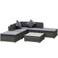 Outsunny 6 Piece Patio Furniture Set, All Weather Outdoor Rattan Sectional Sofa Couch with Chaise Lounge Sides, Coffee Table & Chairs, Conversation Set with Pillows & Cushions, Gray(m-1)