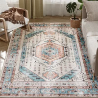 HOMCOM 4x6 Area Rug, Vintage Machine Washable Rug, Non-Slip Floor Carpet for Living Room, Bedroom, Dining Room, Brown and Blue(m-11)
