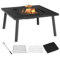 Outsunny 34" Fire Pit with Grill, Metal Outdoor Wood Burning Firepit with Spark Screen, Fire Poker, Cover, Table Lip, Black(m-1)