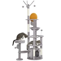PawHut 71" Cat Tree, Cat Tower with Scratching Posts, Sisal Pad, Cat Condo, Bed, Hammock, Platforms, Toy Balls, Light Grey(m-11)