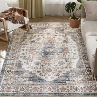 HOMCOM 4x6 Area Rug, Vintage Machine Washable Rug, Non-Slip Carpet for Living Room, Bedroom, Dining Room, Brown & Light Blue(m-11)