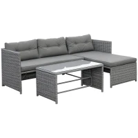 Outsunny 3 Piece Patio Furniture Set, Rattan Outdoor Sofa Set with Chaise Lounge & Loveseat, Soft Cushions, Tempered Glass Table, L-Shaped Sectional Couch, Charcoal(m-1)