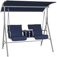 Outsunny 2-Seater Outdoor Porch Swing with Canopy and Table, Patio Swing Chair for Garden, Poolside, Backyard, Dark Blue(m-11)