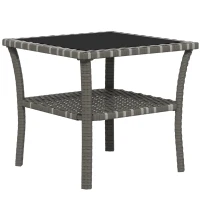 Outsunny Rattan Side Table, Outdoor End Table with Storage Shelf, Aluminum Frame Square, Coffee Table with Tempered Glass Top, Mixed Gray(m-11)