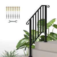 Outsunny 2-3 Step Handrails for Outdoor Steps, Metal Outdoor Stair Railing, Porch Deck Railing with Installation Kit, Black(m-11)