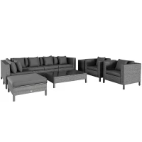 Outsunny Patio Furniture Set, 9 Piece Outdoor Sectional Sofa, All-Weather PE Rattan Wicker Conversation Set with Chairs, Ottoman, Loveseat, Coffee and Side Table, Cushions, Black(m-1)